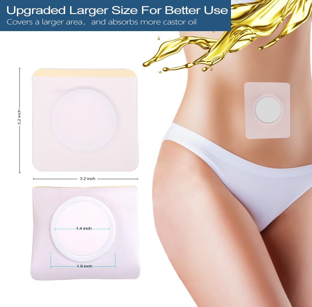 12Pcs Hypoallergenic Castor Oil Pack Wrap for Belly Button, 3.2 x 3.2 inches Disposable, Self-Adhesive, and Highly Absorbent Castor Oil Wraps Patch Pads - White
