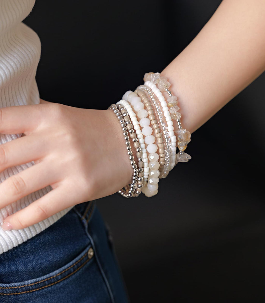 Noessla Boho Beaded Bracelets for Women Stackable Irregular Natural Stone Bead Stretch Bracelet Set 8PCS Costume Jewelry Gifts for Her(Beige)
