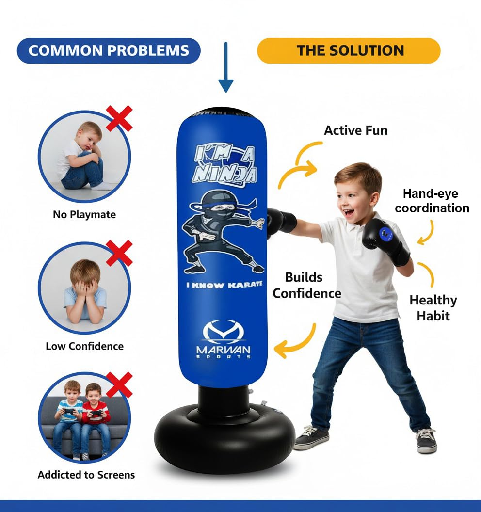 Marwan Sports 5-in-1 Kids Punching Bag Set with Gloves, Pump & Funnel – 63” Inflatable Boxing Bag for Kids 4-12, Durable PVC, Fast Rebound, Waterproof Base Cover with Handles, Gift for Boys & Girls