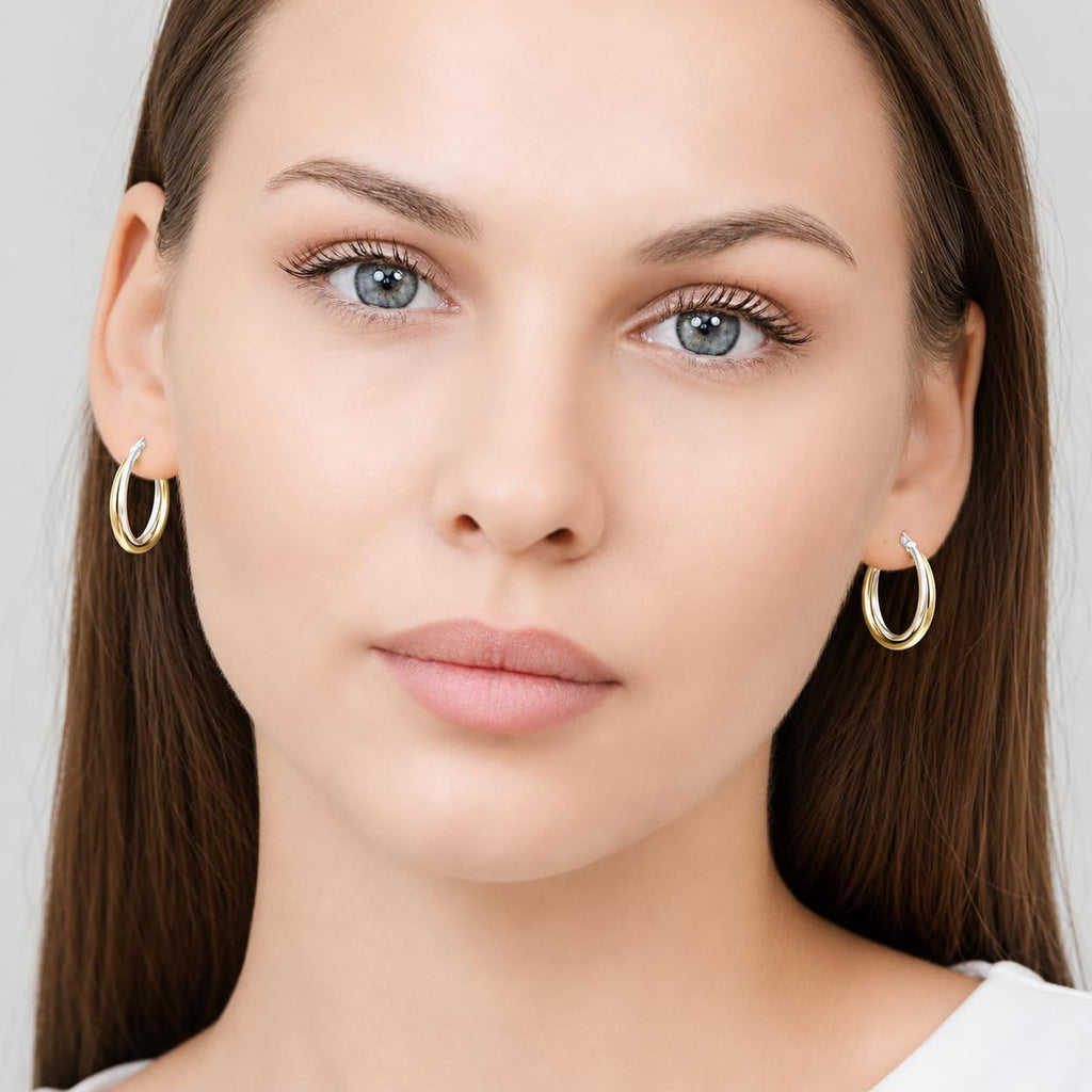 Hoops & Loops 925 Sterling Silver Intertwined Round Hoop Earrings for Women, Two-Tone Layered Trendy Double Square-Tube Hypoallergenic Click-Top Hoops, 20mm - Two-Tone Silver & Yellow Gold