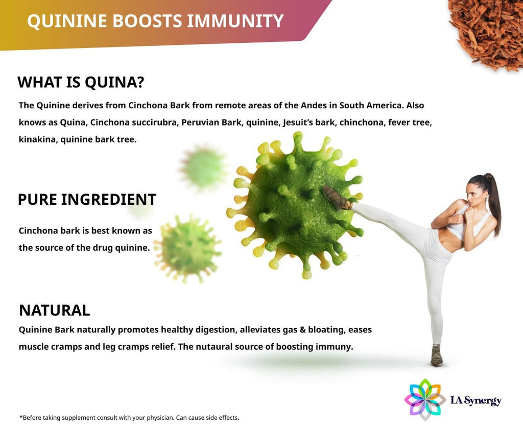 Quinine Quina Capsules 500mg, Cinchona Red Bark Natural Herbal Supplement, Leg Cramp Relief Tablets, Cramp Muscle Defense and Overall Digestive Health, 100 Pills