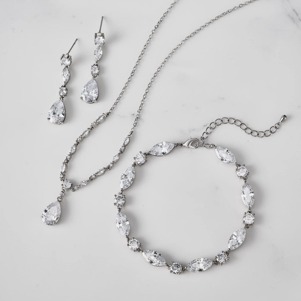SWEETV Bridal Jewelry Set for Wedding, Cubic Zirconia Necklace Dangle Drop Earrings Bracelet Set, Teardrop Marquise Brides Bridesmaids Wedding Prom Anniversary Jewelry Gifts for Women