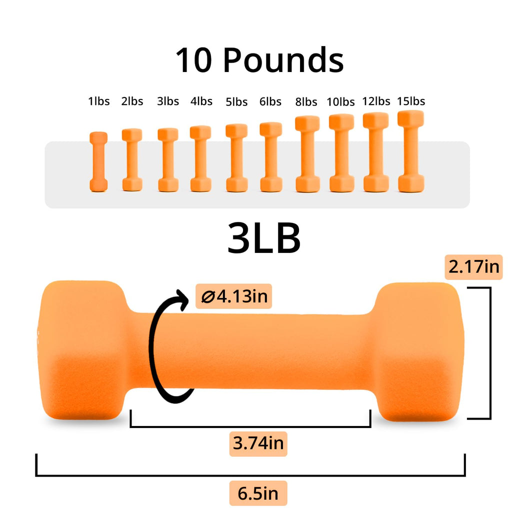 Portzon Weights Orange Dumbbells with Set of 2 Neoprene Dumbbells Set, 3 LB, Anti-Slip, Anti-roll, Hex Shape