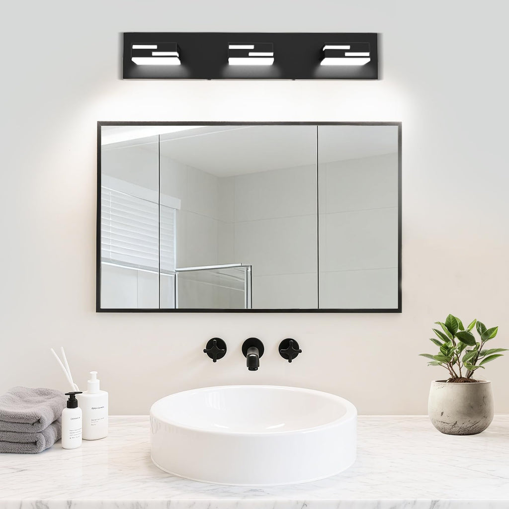 LKHF LED Modern Bathroom Vanity Light Fixtures, Dimmable Matte Black Vanity Lights for Bathroom Lighting Fixtures Over Mirror, with 360° Rotatable Acrylic Heads 3-Light 22-inch (Cool White 6000K)