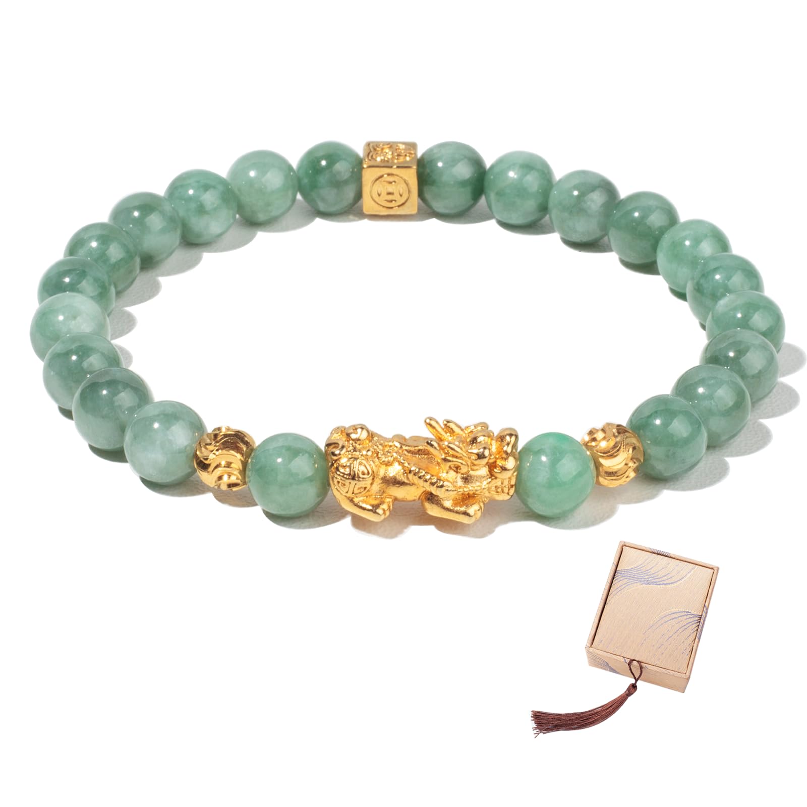 AROUROUA Fengshui Wealth Bracelet 8MM Natural Green Real Jade Bracelets