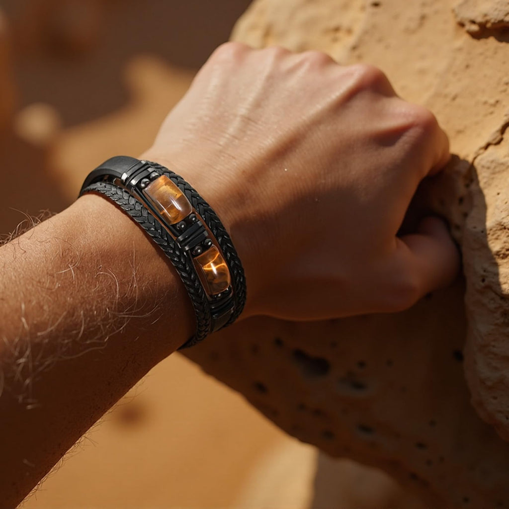 Enjoy Risingsun Tiger Eye Black Leather Bracelet Men Natural Tiger Eye Gemstone Crystal Stone Jewelry Handmade Courage And Stress Relief Protection Bracelet