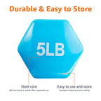 Amazon Basics Vinyl Coated Dumbbell Hand Weights, 5 Pounds, Pair, Light Blue