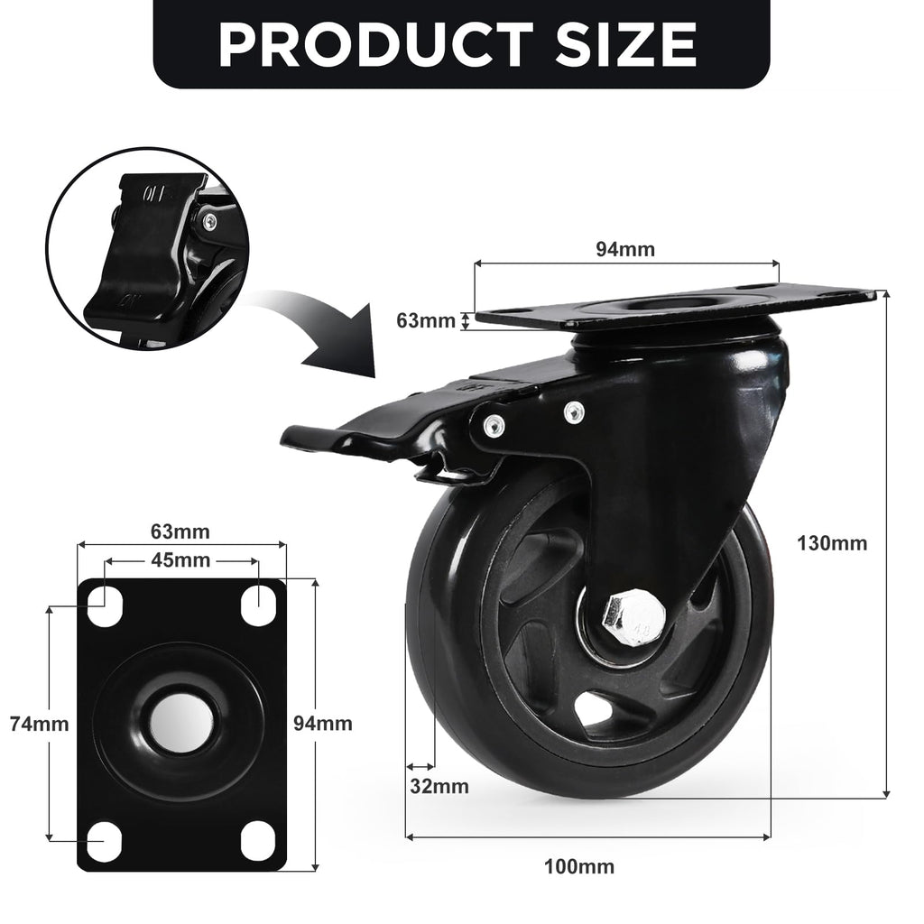Caster Wheels, Heavy Duty 4 Inch Casters Set of 8, Locking Swivel Casters Wheels for Cart, Furniture and Workbench, Black