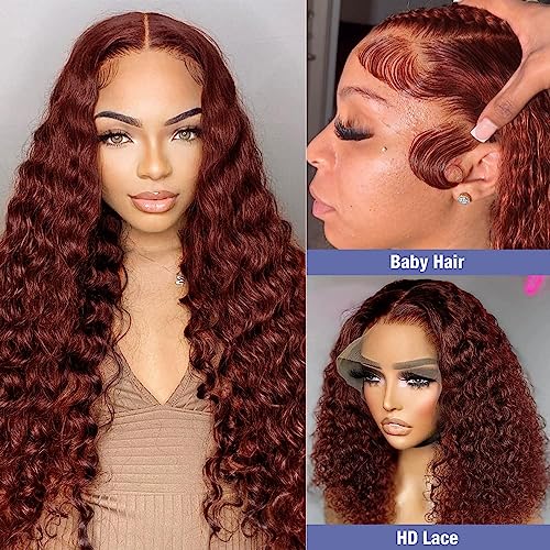 Reddish Brown Lace Front Wigs Human Hair 13x4 Reddish Brown Deep Wave Lace Front Wigs Human Hair for Women Reddish brown Curly Human Hair Wigs Pre Plucked With Baby Hair 180% Density 24inch