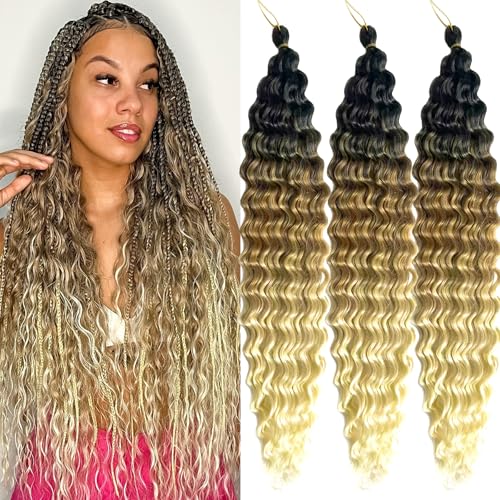 Ombre Curly Braiding Hair 22 Inch Ocean Wave Crochet Hair for Black Women 3Packs Deep Wave Wet and Wavy Braiding Hair For Boho Braids （1B/27/613)