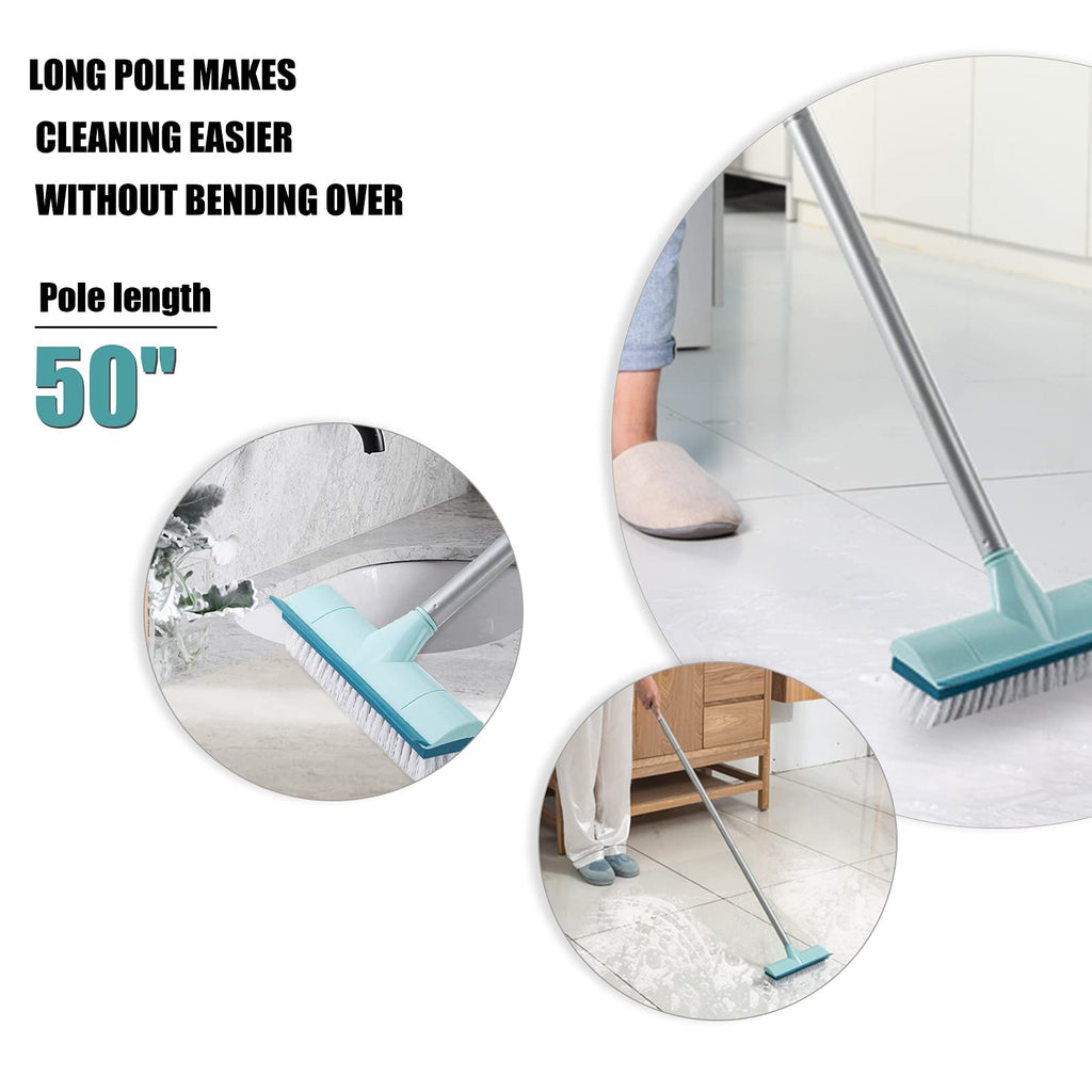 BOOMJOY Floor Scrub Brush with Long Handle, 2 in 1 Scrape and Brush, Stiff Bristles for Cleaning Bathroom, Patio, Garage, Kitchen, Deck, Tile, Blue
