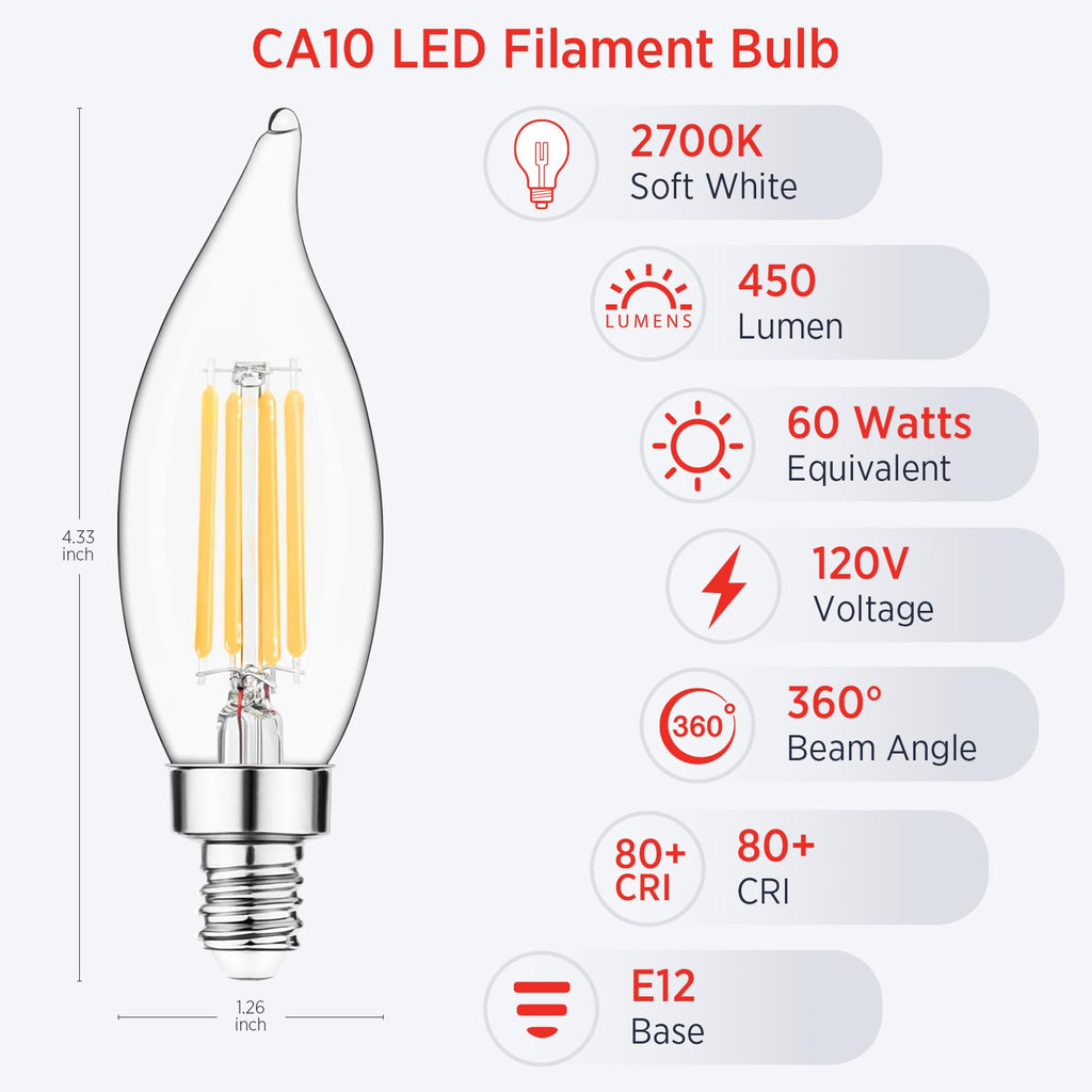 Sengled E12 Candelabra LED Bulbs Dimmable, 60W Equivalent CA10 Chandelier Light Bulbs, 2700K Soft White Candle Bulbs for Chandeliers, Ceiling Fan, Pendant Light, 6 Pack