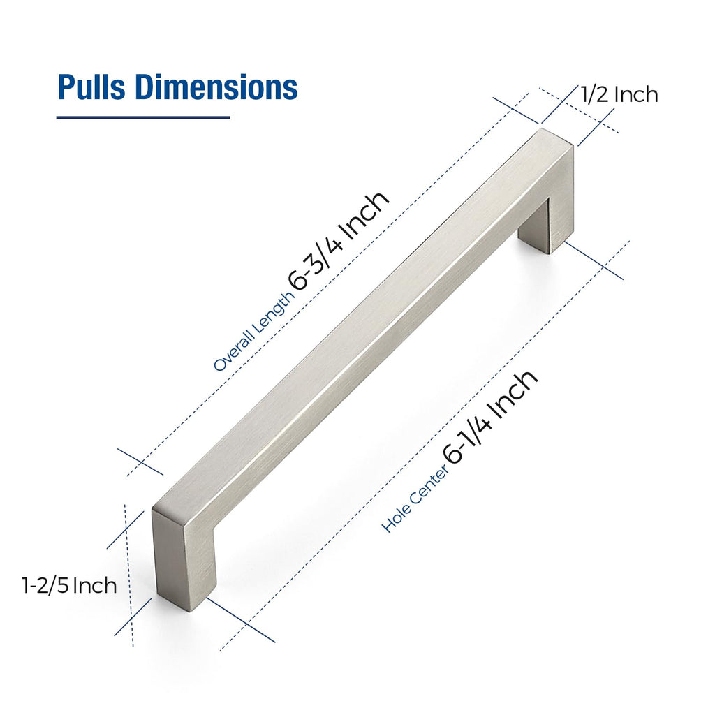 JOY DECOR 6 Pack Cabinet Handles, Brushed Nickel Cabinet Pulls, 6-1/4 Inch Kitchen Closet Handles Square Drawer Pulls Stainless Steel Drawer Hardware, 160mm Hole Centers
