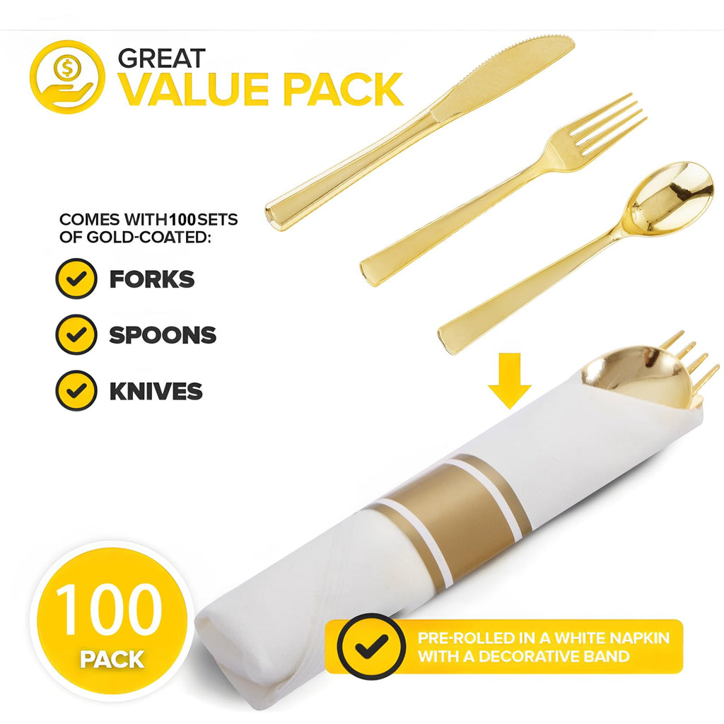 Joyido 400PCS Pre Rolled Gold Plastic Silverware Sets - Heavy Duty Gold Cutlery - Include 100 Pack Wrapped Disposable Utensils with Napkins for Parties, Dinners & Weddings