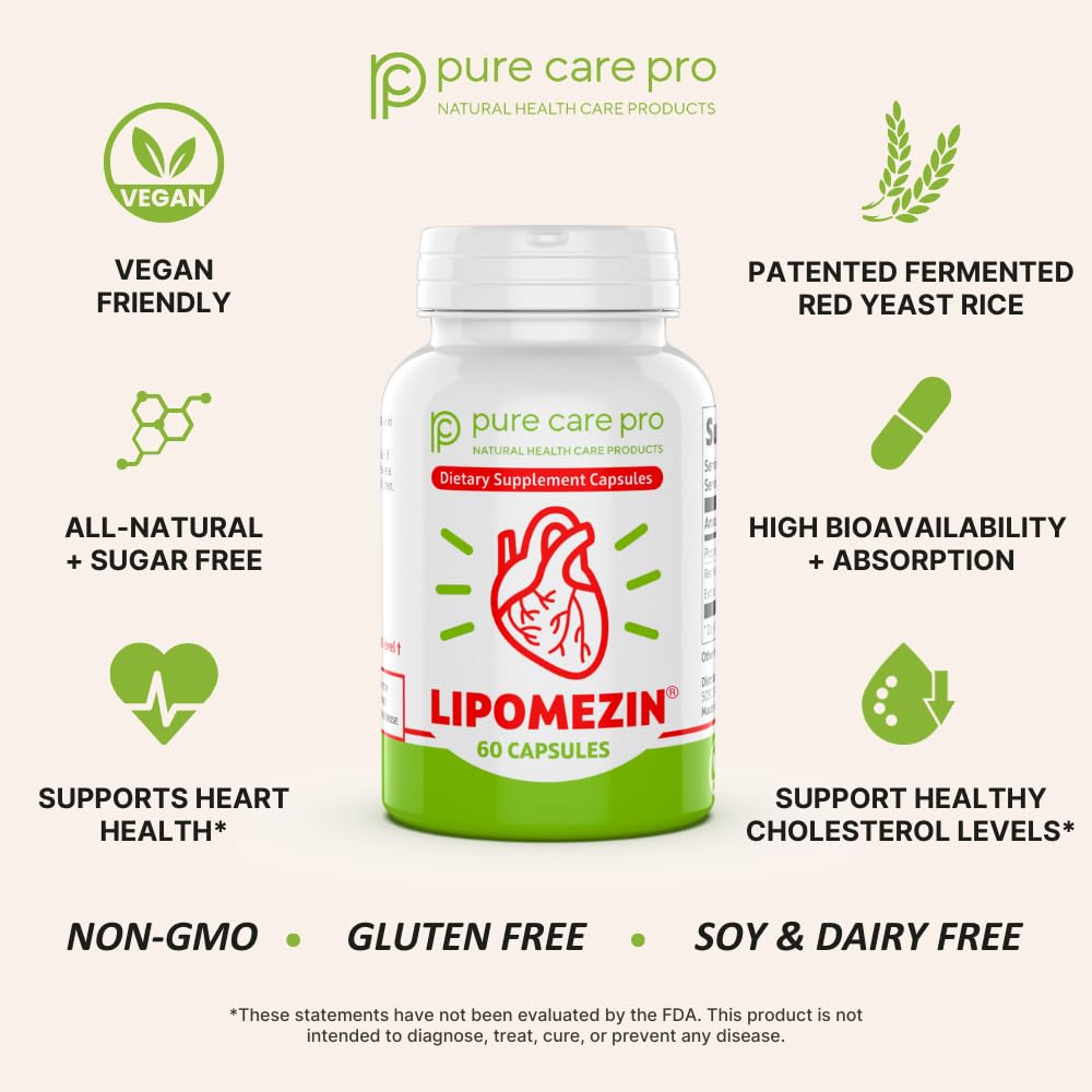 LIPOMEZIN Pure Care Pro Synergistic Cholesterol Support Blend: Red Yeast Rice, Policosanol, Grape Seed & Lespedeza – 60 Vegetarian Capsules