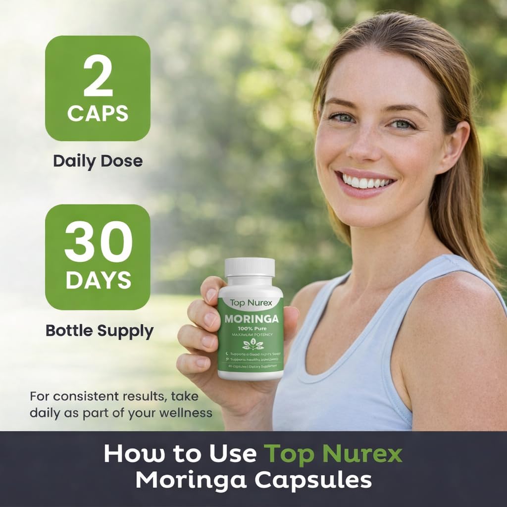 Top Nurex Moringa Capsules - Natural Green Superfood Supplement for Sustained Energy, Immune Support & Digestive Wellness - Non-GMO, Vegan, 60Ct