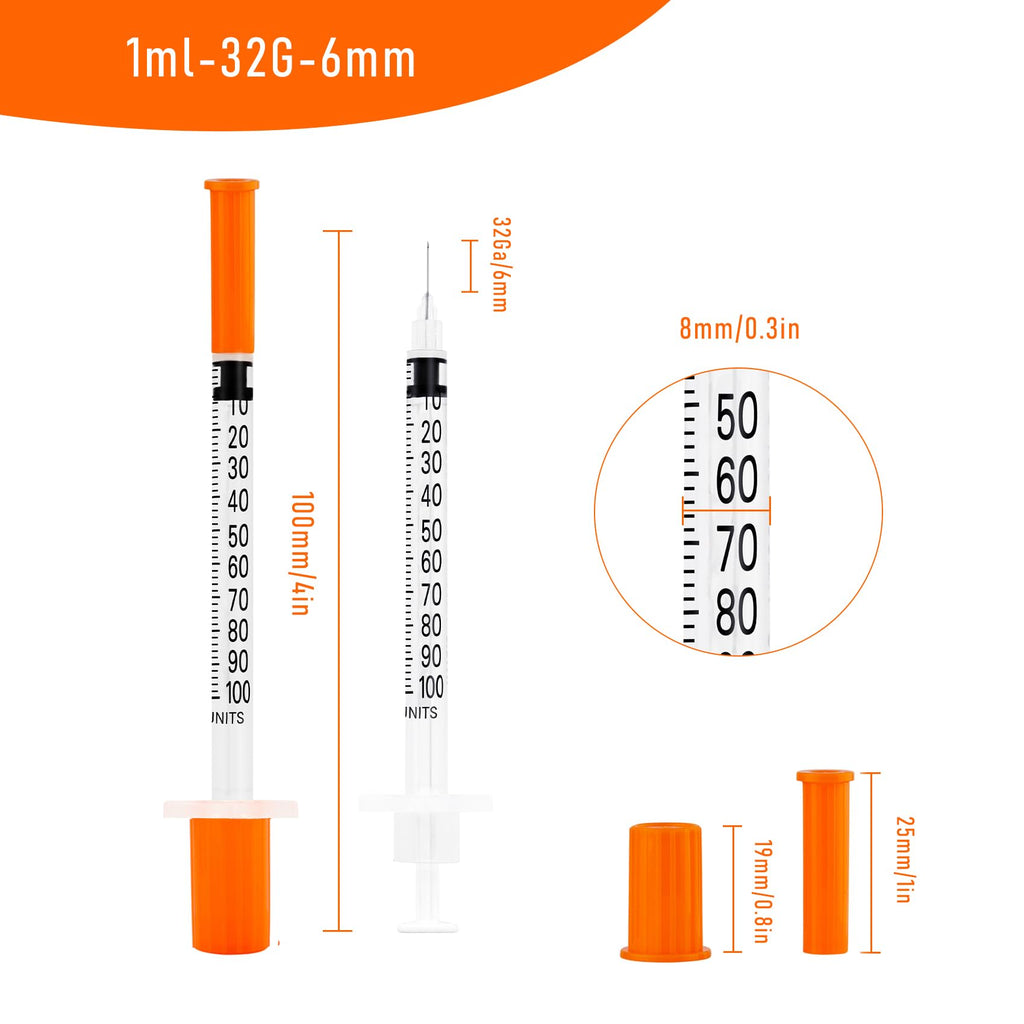 100pack 1cc Syringes with 32G 1/4 Inch-6mm U-100 Accurate Measuring for Liquid Individually Sealed Packaging