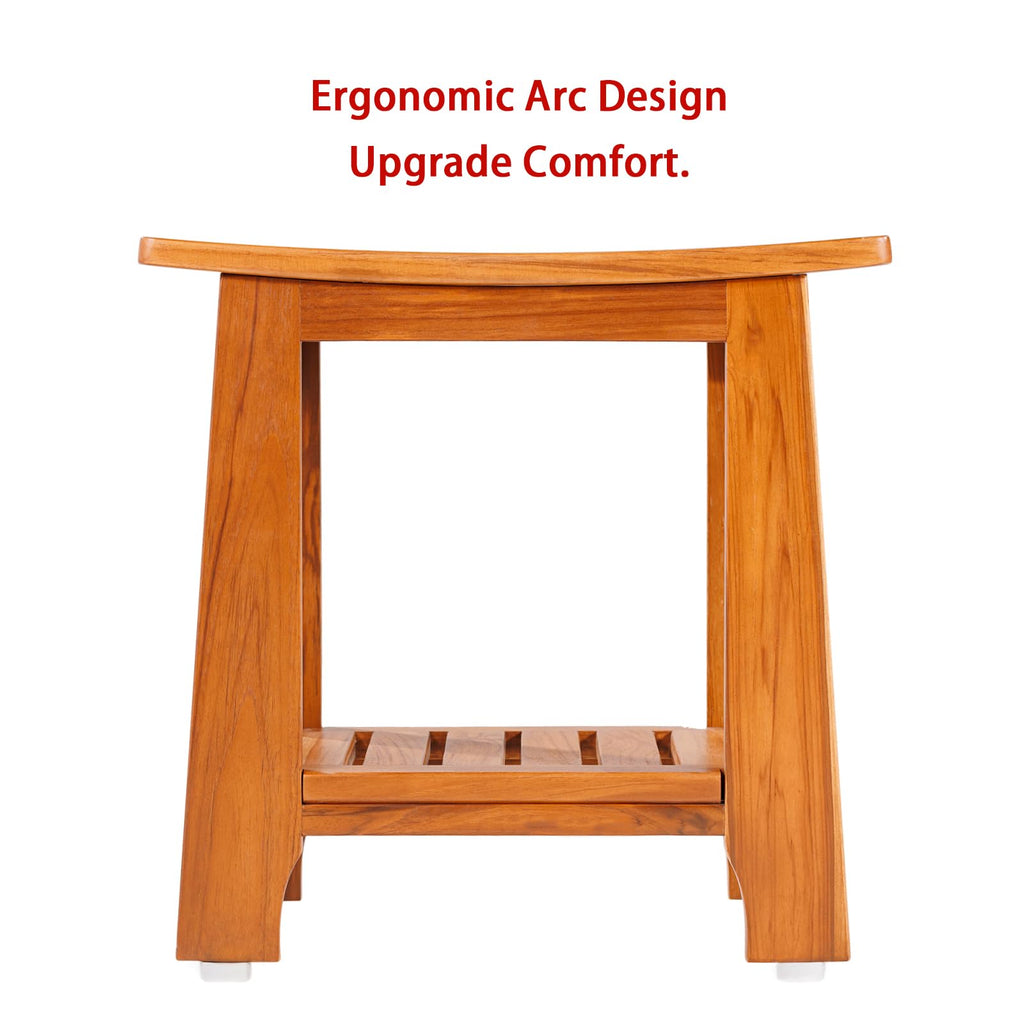 18" Standard Teak Shower Bench with Shelf & Handle - Waterproof, Non-Slip Bath Stool, 300 lbs Capacity - Fits Standard Tubs/Showers & Outdoor Use (Patented)