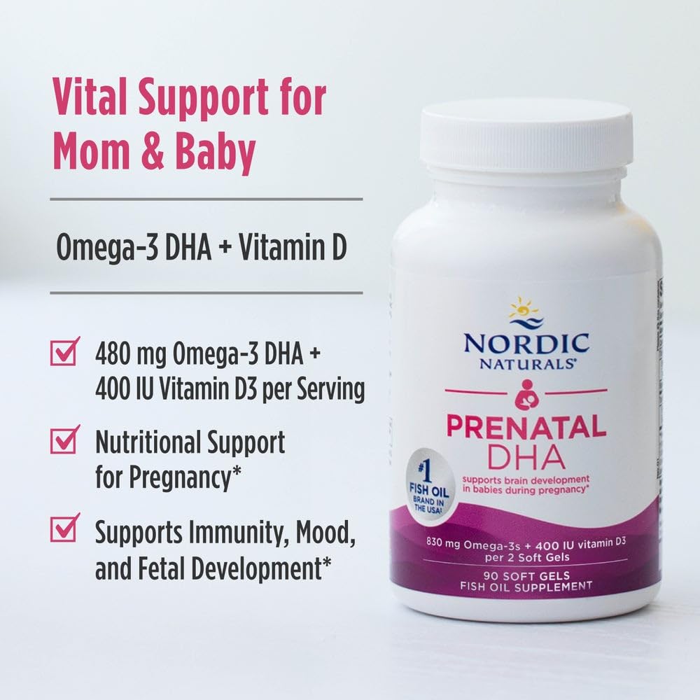 Nordic Naturals Prenatal DHA, Unflavored - 90 Soft Gels - 830 mg Omega-3 + 400 IU Vitamin D3 - Supports Brain Development in Babies During Pregnancy & Lactation - Non-GMO - 45 Servings