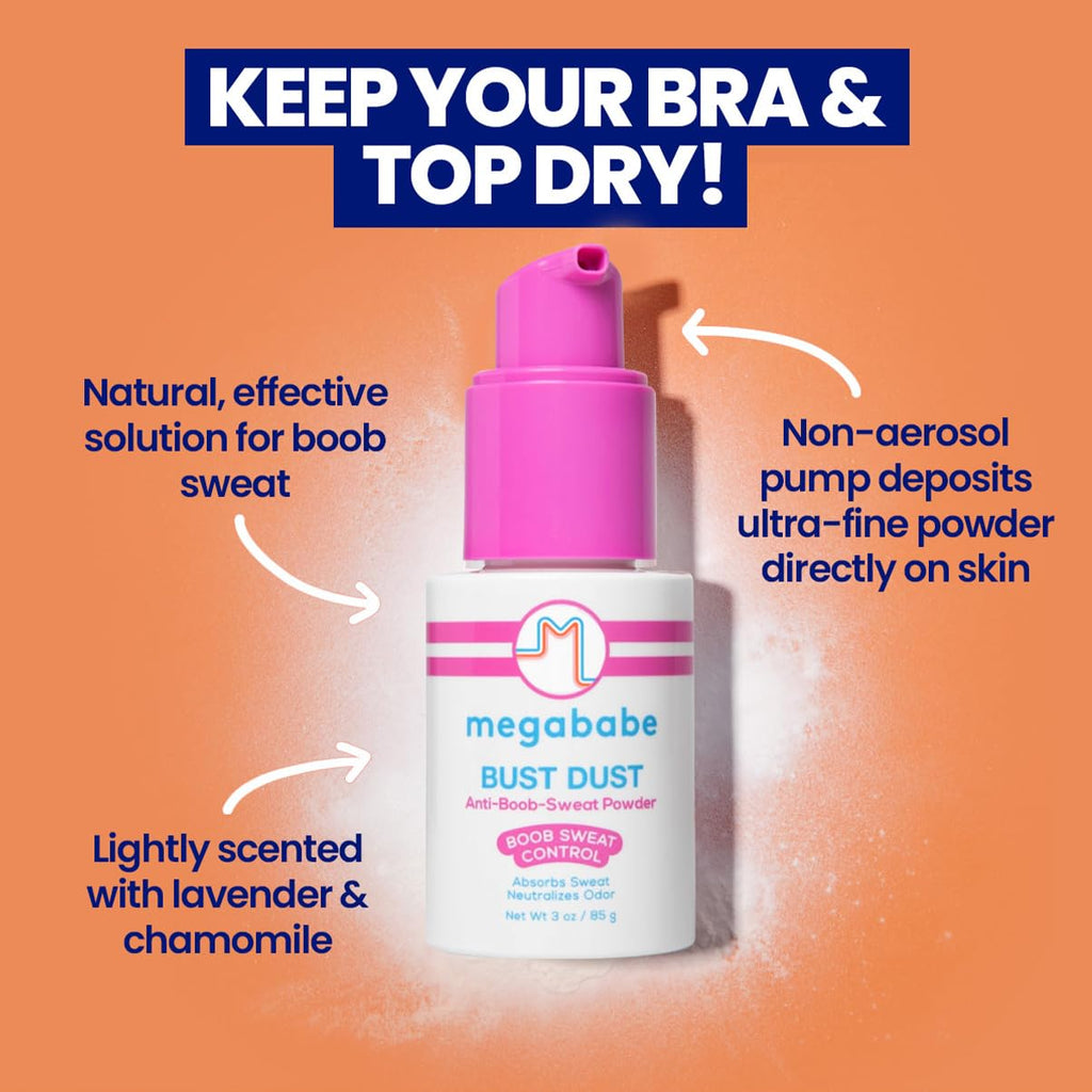 Megababe Sweat Absorbing Body Powder - Bust Dust, with Applicator Pump, Summer and Hot Weather Must-Have, Talc-Free, All Natural, 3 oz