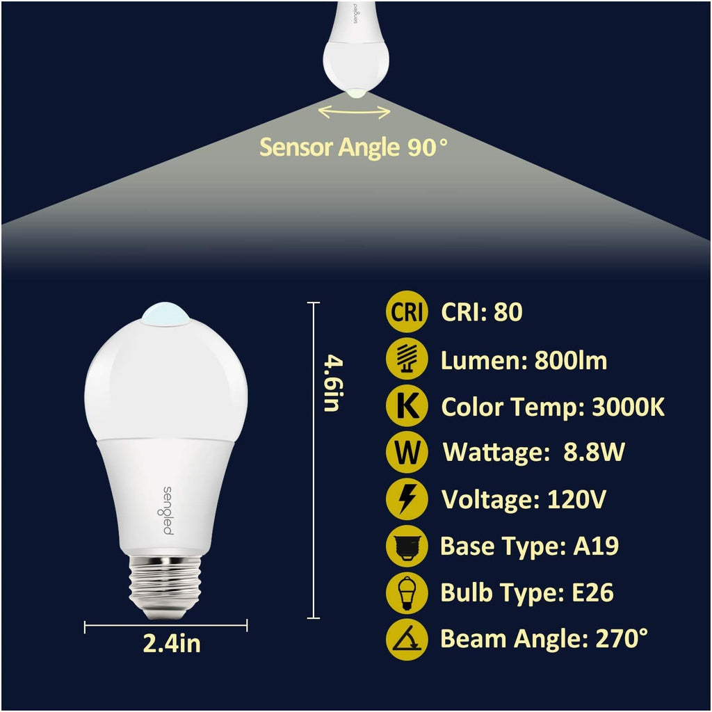 Sengled Motion Sensor Light Bulbs, A19 LED Dusk to Dawn Bulbs 3000K Soft White, Motion Activated Indoor Outdoor Light Bulbs 8.8W (60W Equivalent) 800 Lumens for Porch, Garage, Hallway, 2 Pack