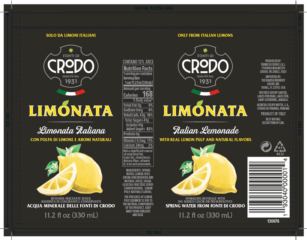 Fonti Di Crodo Limonata, Italian Sparkling Lemonade, 11.2 Oz. Cans (Pack of 24)
