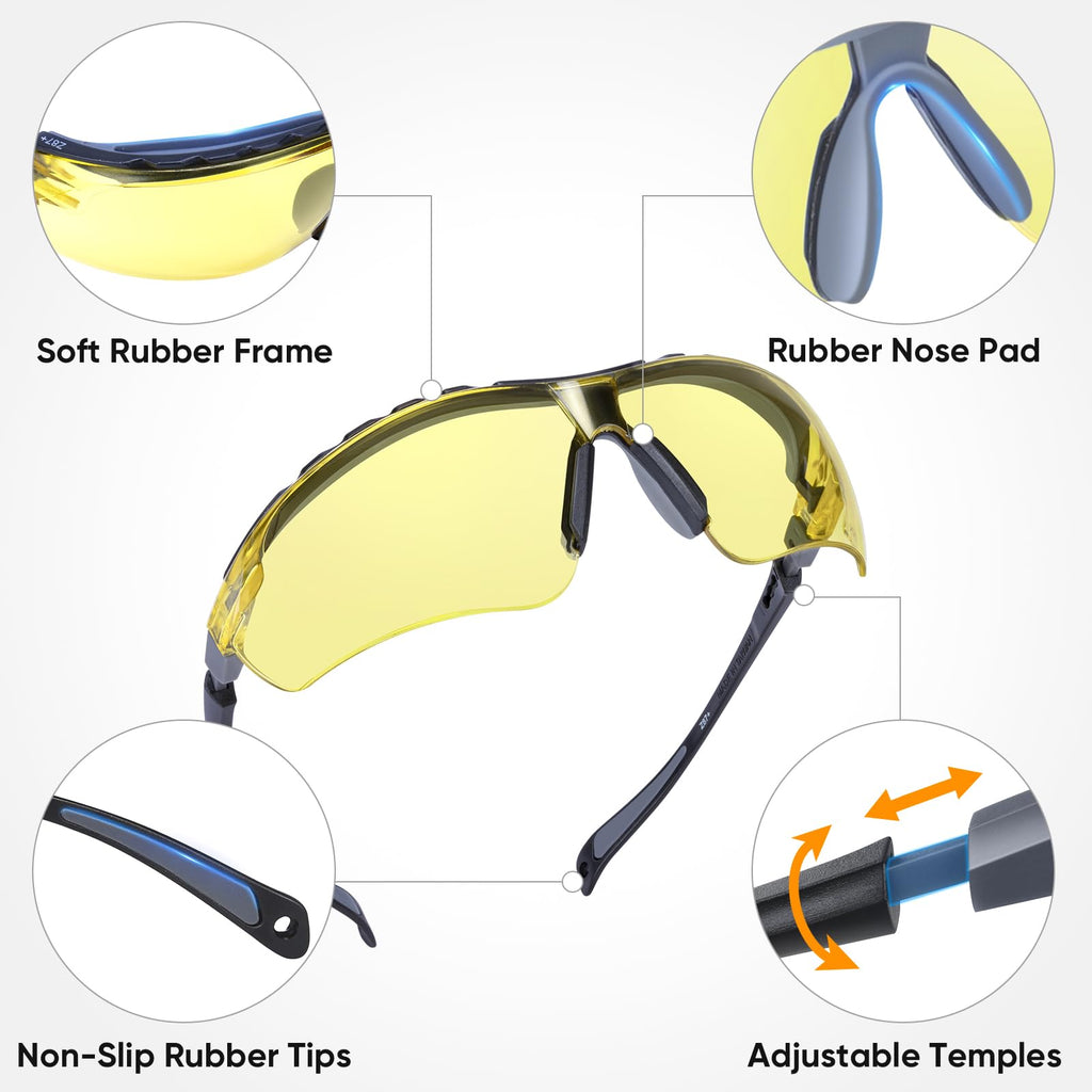 TICONN Anti-Fog Safety Glasses for Men and Women, ANSI Z87.1 Scratch Proof Eye Goggles with Adjustable Arms and UV Protection (Yellow, 1PK)