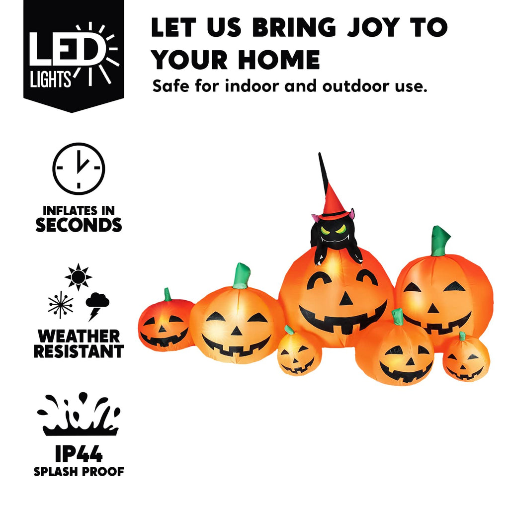 Joiedomi 7 FT Long Halloween Inflatables Pumpkin Outdoor Decorations, 7 Pumpkins Outside Decoration with Witch's Cat with Build-in LEDs Blow Up Inflatables for Party Yard Lawn Garden Decor