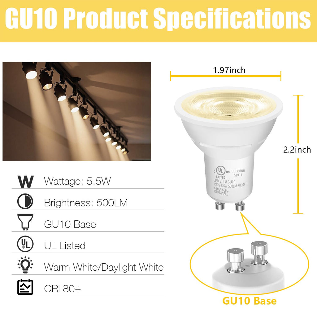 DAYBETTER GU10 LED Light Bulbs, Dimmable GU10 Bulb Replacement for Track Lighting, 5.5w Equivalent 50W, 500 LM Soft White 3000K, MR16 LED Bulb for Kitchen, Range Hood, Living Room, 6 Pack