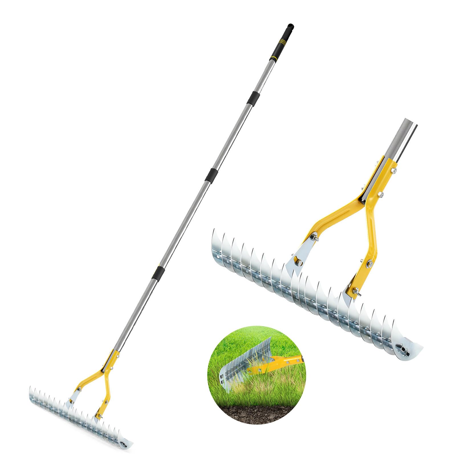 Thatch Rake, 15-Inch Steel Lawn Dethatcher with Handle, Heavy Duty Grass Cleaning Tool for Dead Grass and Soil Loosening, Versatile Yard and Garden Grooming (Black+Metallic Silver)