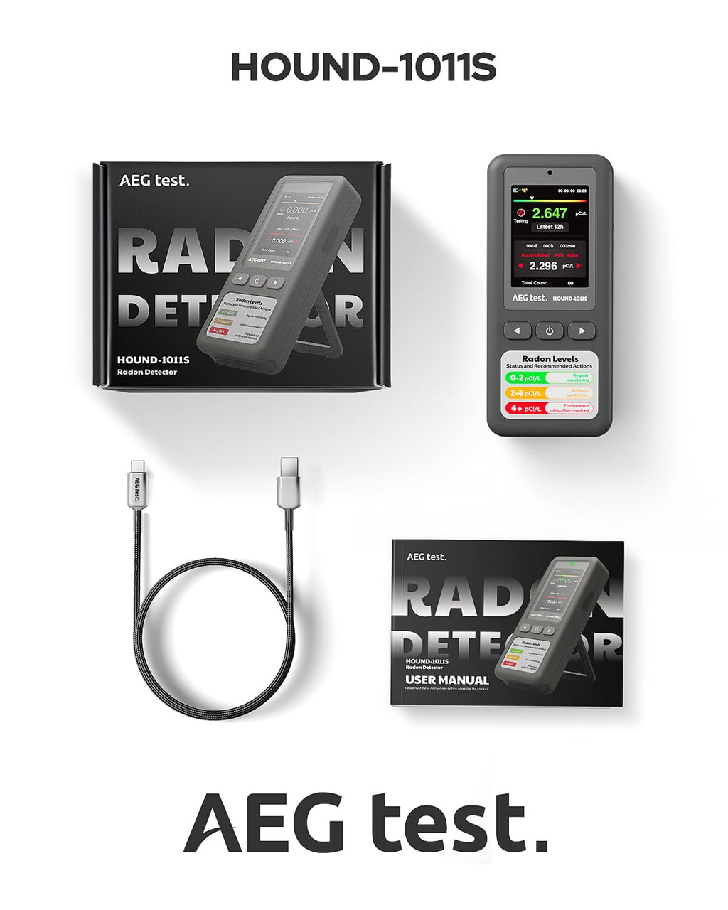 AEGTEST HOUND-1011S Portable Radon Detector, High-Accuracy Sensor for Home, Lightweight, Audible & Visual Alarms, Long-Term Monitoring, Easy-to-Use Radon Tester in pCi/L or Bq/m³ for Basement