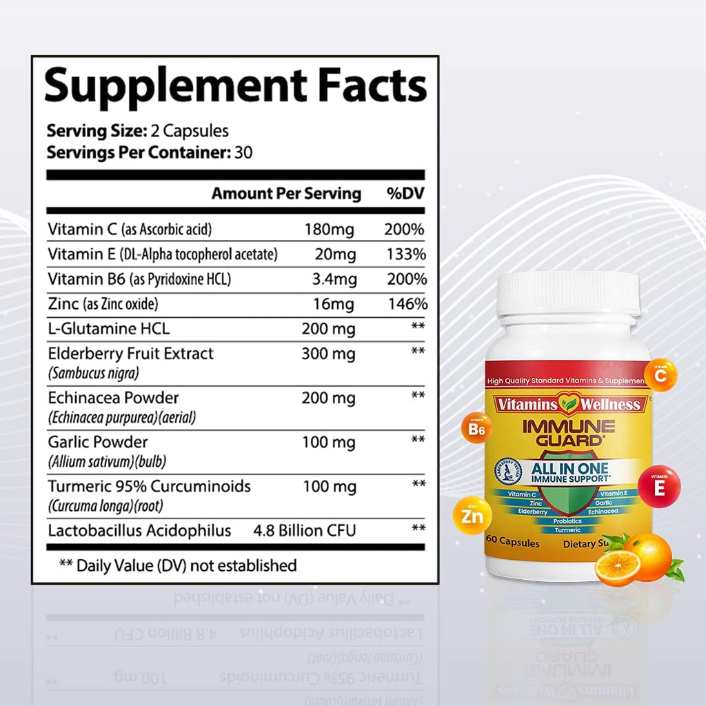 Vitamins Wellness -10 in 1- Made in USA Immune Support Supplement–Elderberry Immune Guard and Booster with Zinc and Vitamin C, Vitamin B6, Turmeric, Garlic, Echinacea 60 Count/1 Month Supply