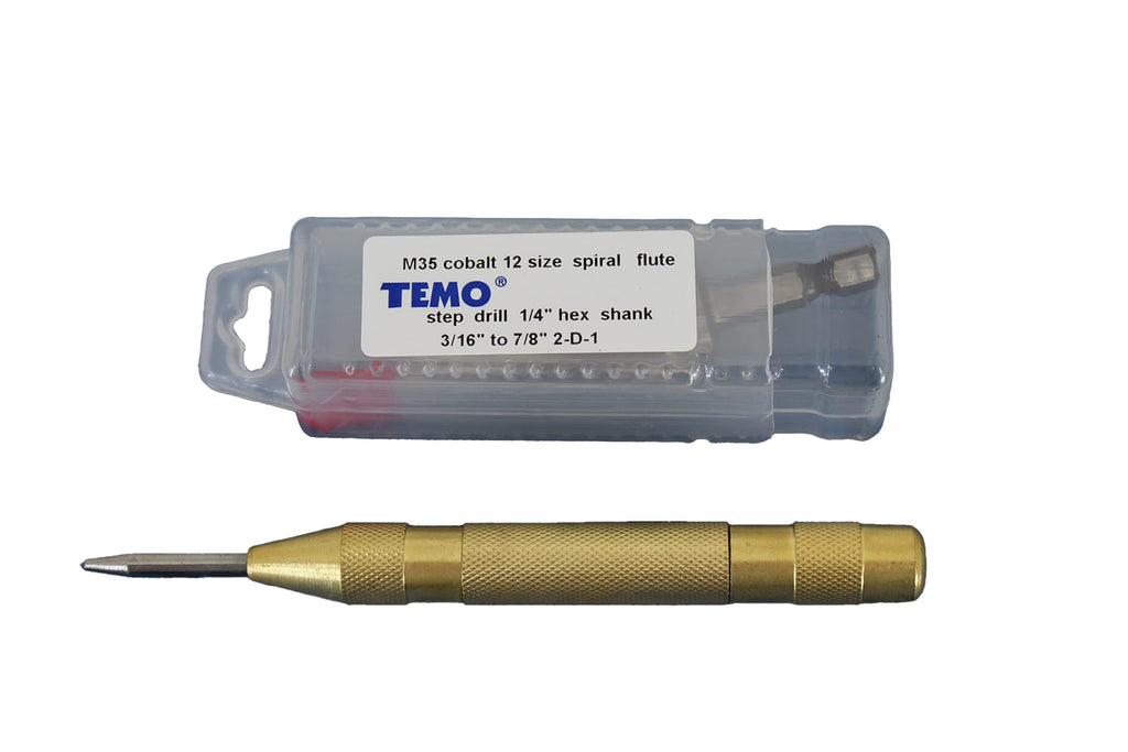 TEMO M35 Cobalt Spiral Flute 12 Size Step Drill Unibit 3/16 Inch to 7/8 Inch Plus Auto Center Punch Set