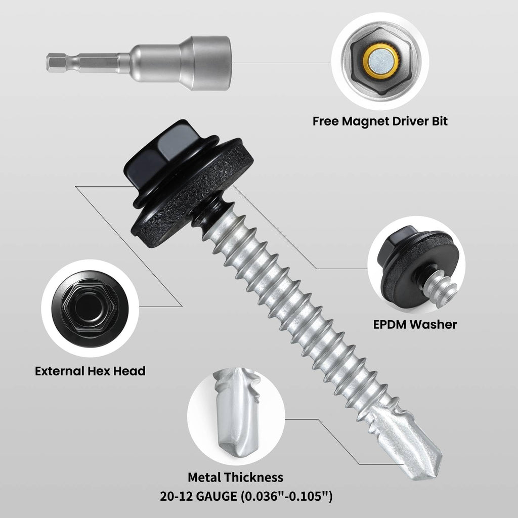 BNUOK #10 x 1 in Self-Drilling Metal Roofing Screws,Sheet Metal Roof Screw,EPDM Washer,Black Hex Head,with Hex Driver Bit(3LBs,304Pcs)