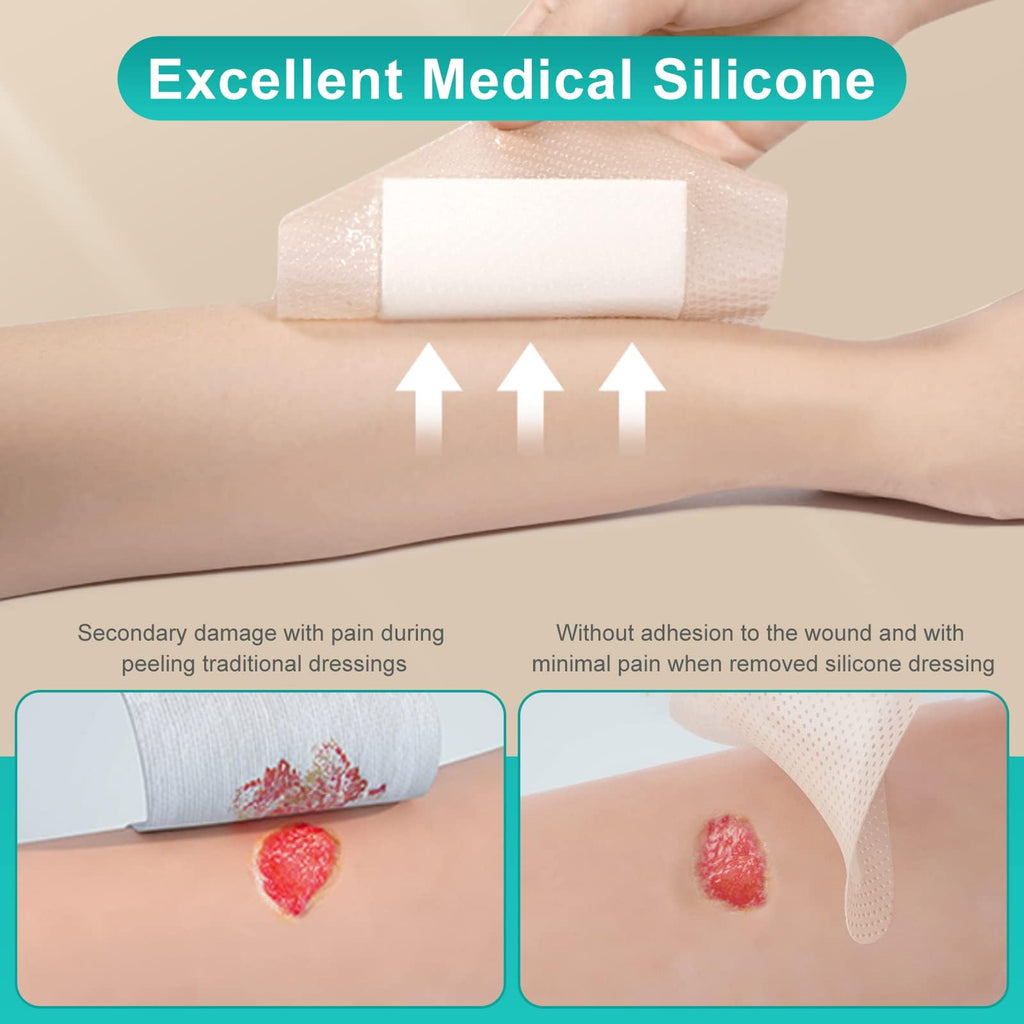 Dimora Silicone Foam Dressing Silver Ag Sterile Wound Bandage with Gentle Silicone Adhesive Border 4"x 4" Waterproof Breathable Ultra Absorbent Pads