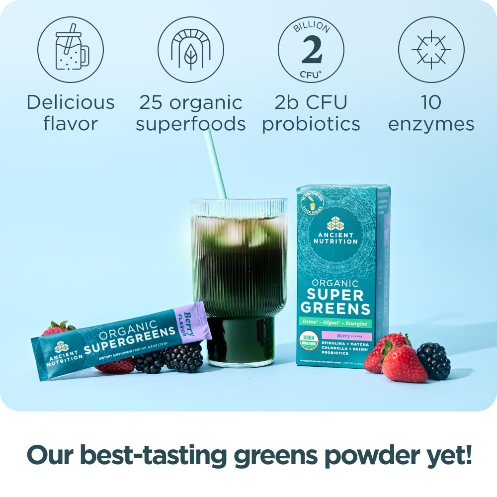 Ancient Nutrition SuperGreens Powder with Probiotics, Organic Berry Flavor Greens, Made from Real Fruits, Vegetables and Herbs, Digestive and Energy Support, 16 Stick Packs, 4.2oz