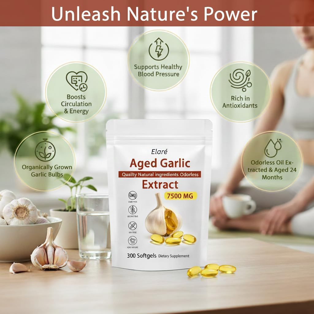 ELARE Aged Garlic Extract - 7500mg Odorless Per Servings, Potent Antioxidant Supplement, Immune Support, Vegetarian, All-Natural, Non-GMO, 300 Softgels