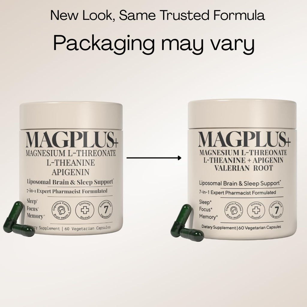 MAGPLUS+ Magnesium L-Threonate w Apigenin & L Theanine | 7-Ingredient Sleep Blend | Brain, Memory, & Sleep Support | Liposomal Magnesium Threonate Supplement (60 Capsules)