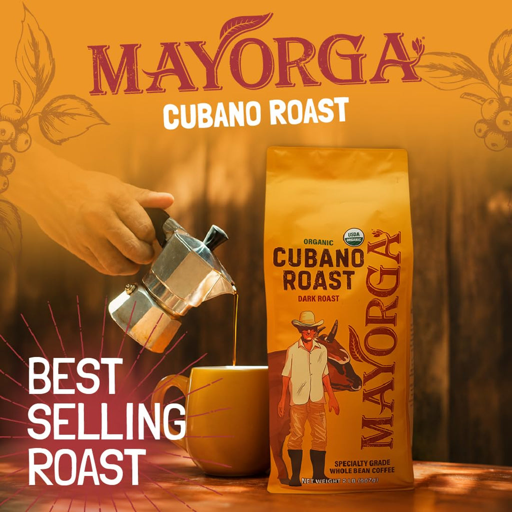 Mayorga Organic Coffee 2lb Cafe Cubano Roast - Dark Roast Whole Bean Specialty Grade Coffee, 100% Arabica, Slow Roasted, Bold and Smooth Flavor with Low Acidity - USDA Organic, Non-GMO, Kosher