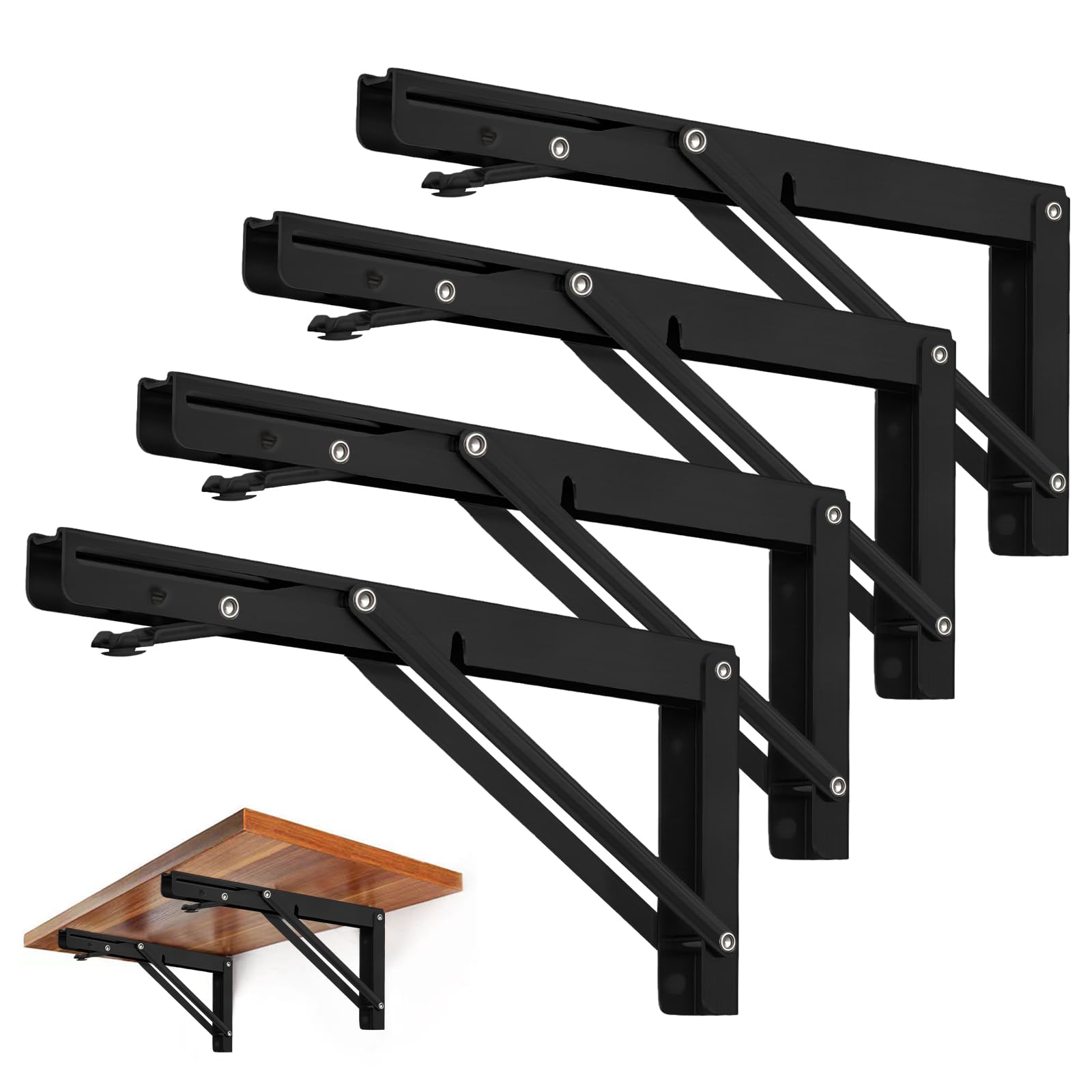 Storystore Folding Shelf Brackets - 8 Inch Heavy Duty Metal Collapsible Shelf Bracket for Bench Table, Shelf Hinge Wall Mounted Space Saving DIY Bracket, Max Load: 150 lb (4 PCS, Black)
