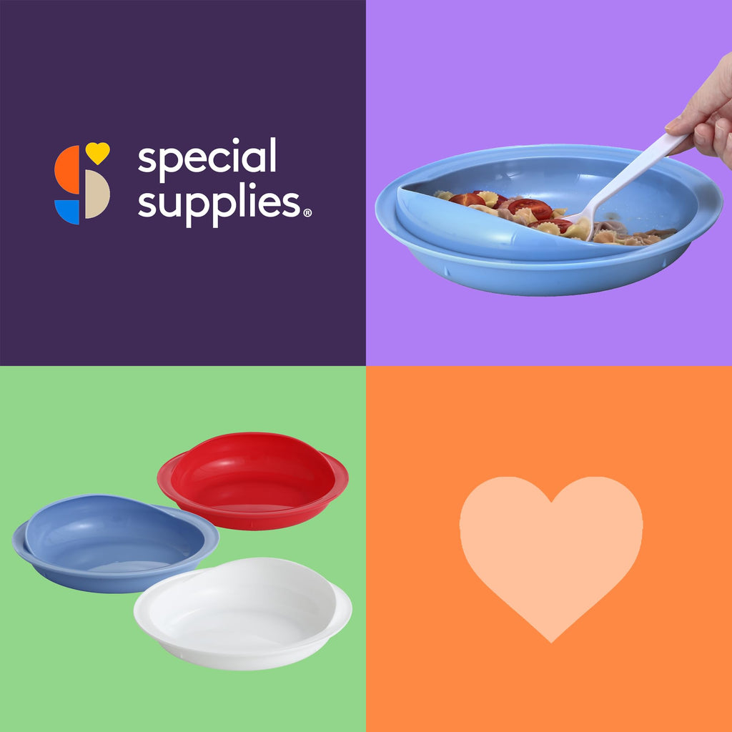Special Supplies Adaptive Spill-Proof Scoop Plates- Dishes with Wall for Disabled, Elderly Adults with Special Needs from Parkinson's, Dementia, Tremors- 3 Pack (White, Blue, Red)