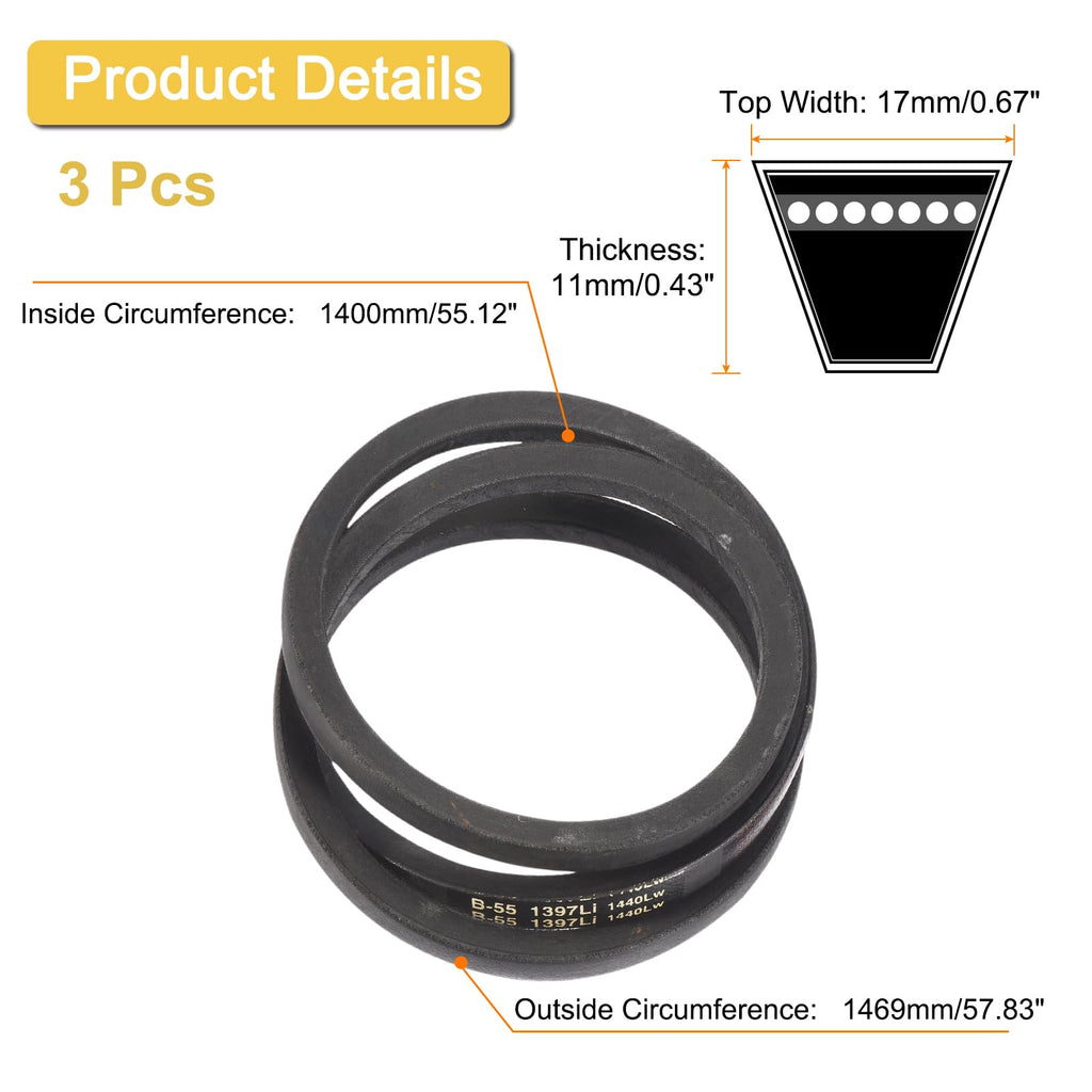 uxcell 3 Pack B55 Classic Wrapped V-Belt, 58" Outside Circumference Wrapped Industrial Rubber V-Belt B Profile V-Belt for Industrial Machinery Equipment, Black