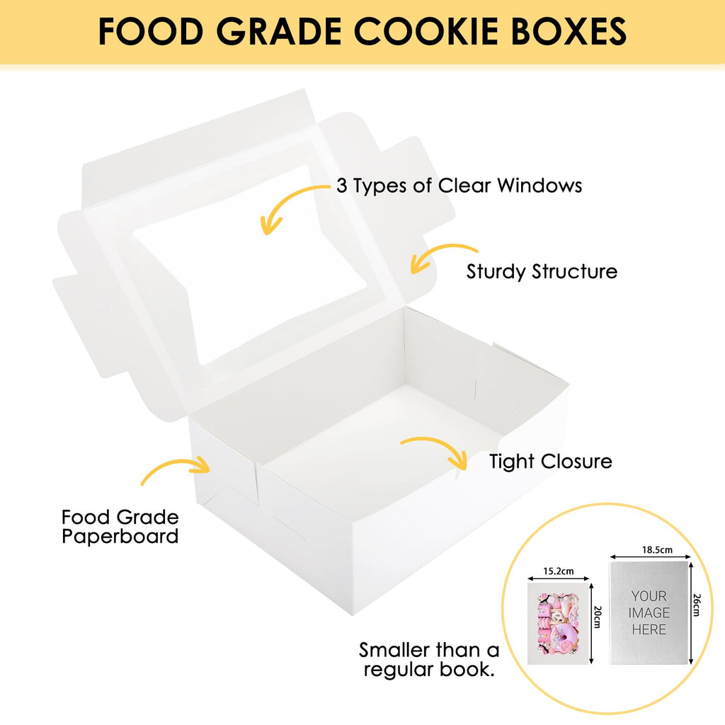 Moretoes 48pcs Cookie Boxes with Window, 8x6x2.5 Inch 3 Style Pastry Boxes for Treat, Chocolate Covered Strawberries, Candy, Muffins, Donuts