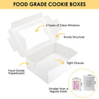 Moretoes 48pcs Cookie Boxes with Window, 8x6x2.5 Inch 3 Style Pastry Boxes for Treat, Chocolate Covered Strawberries, Candy, Muffins, Donuts