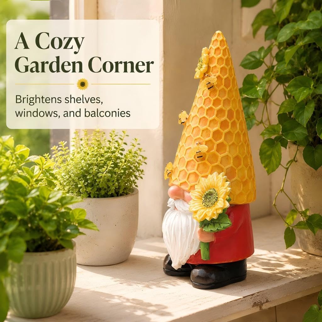 REYISO 12.3'' Sunflower Garden Gnomes Statue with Solar Bee Lights