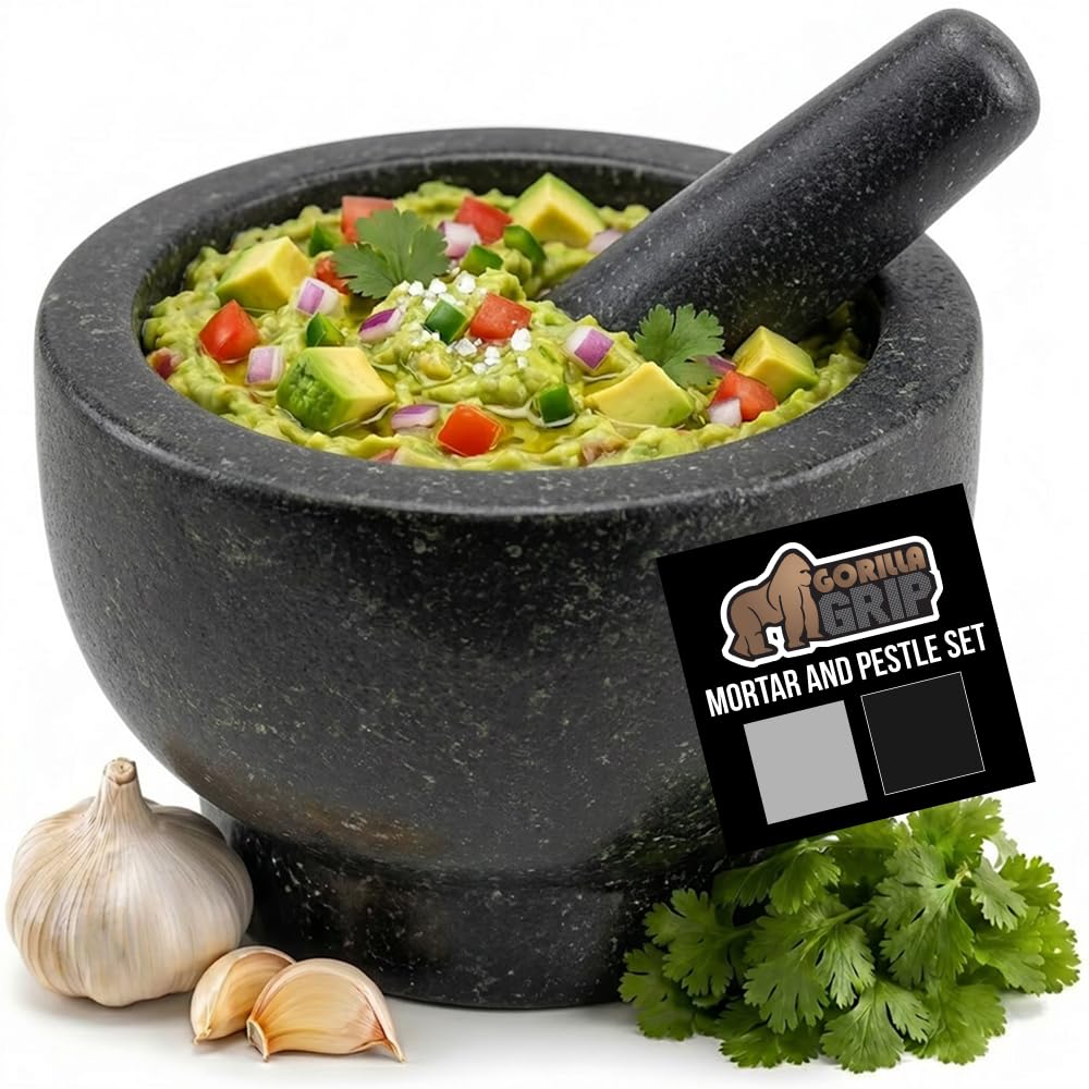 GORILLA GRIP 100% Natural Granite Stone Mortar and Pestle Set, Non-Scratch Base, Heavy Duty Polished Molcajete Guacamole Salsa Bowl, Grind Seeds, Herbs, Pills, Kitchen Lab Muddler, 1.5 Cup Black