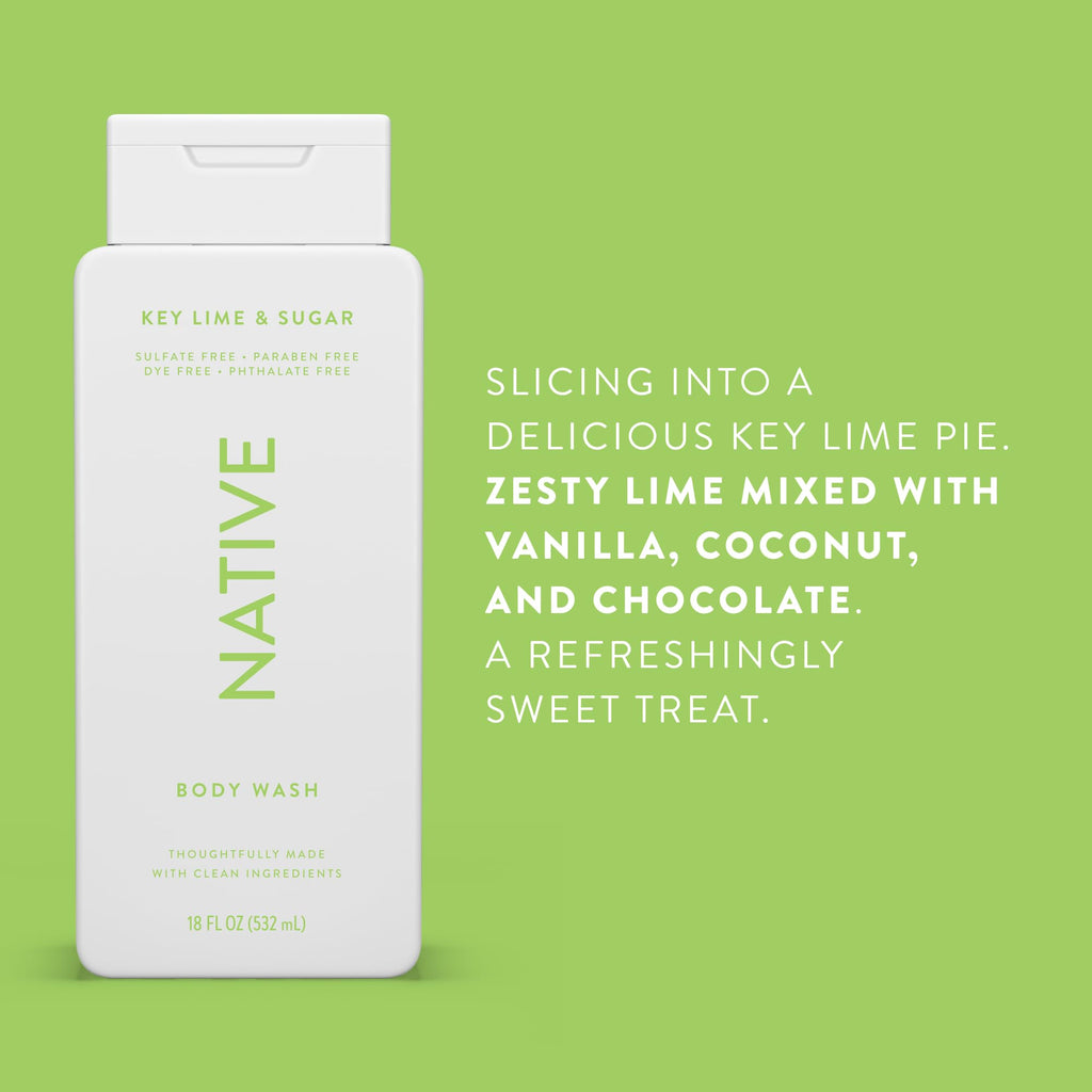 Native Body Wash Contains Naturally Derived Ingredients | For Women & Men, Sulfate, Paraben, & Dye Free Leaving Skin Soft and Hydrating | Key Lime & Sugar 18 oz