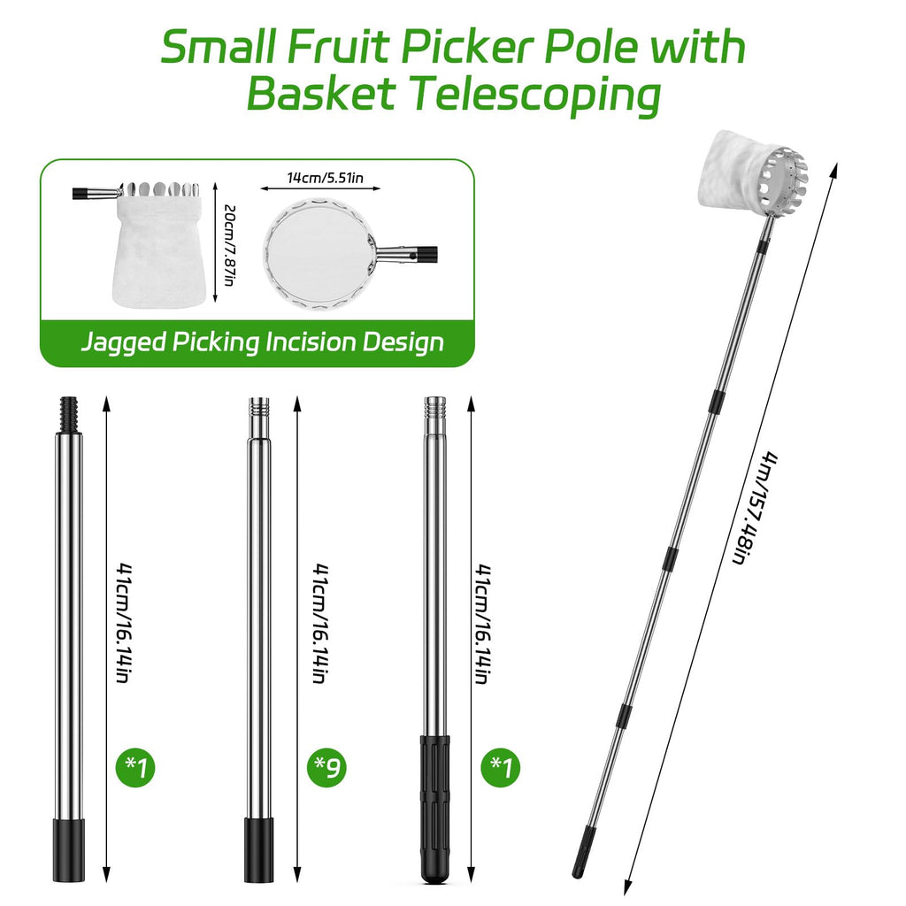 BURMONG 13.8 FT Telescoping Fruit Picker Pole with Soft Basket, Long Reach Tree Fruit Harvester Tool for Apple, Mango, Orange & More, Extendable Fruit Picking Tool for Garden Orchard