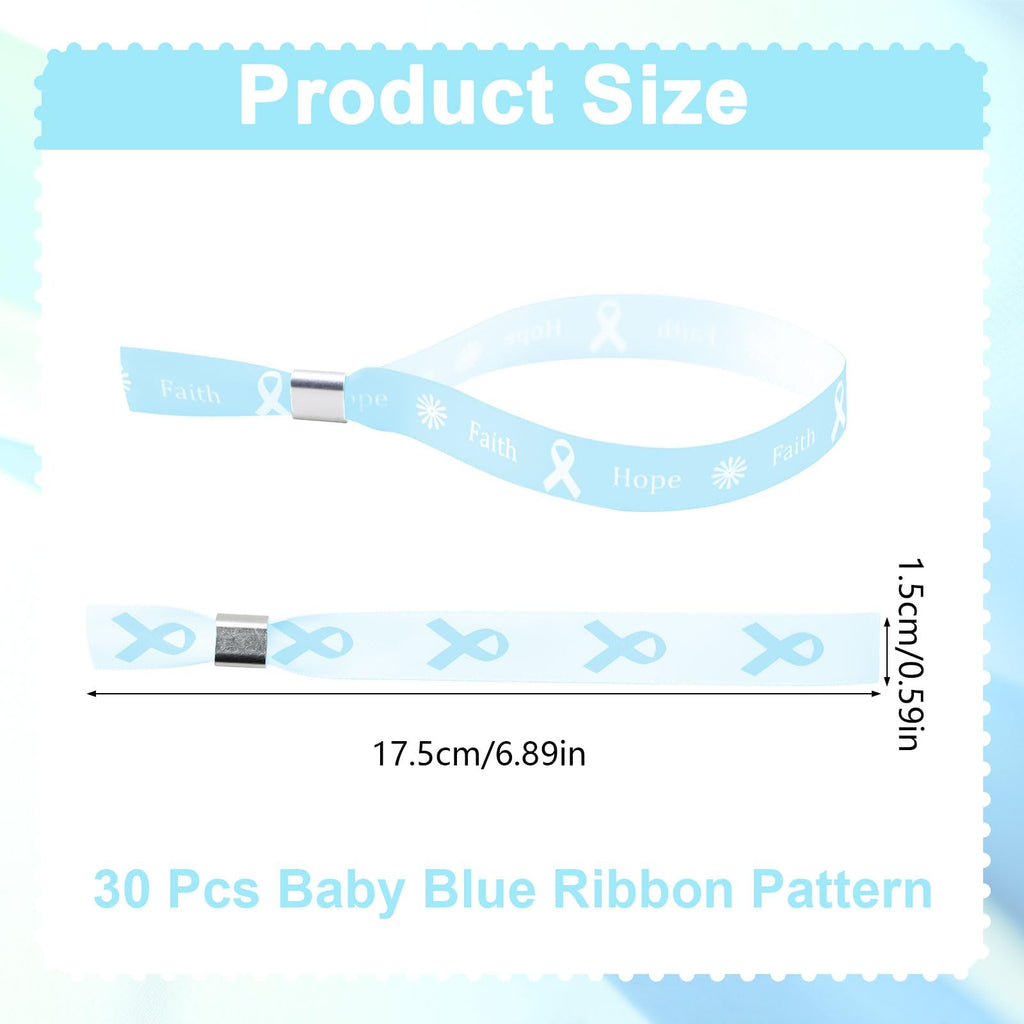 WANDIC 30 Pcs Baby Blue Ribbon Bracelets, 5 Style Polyester Single Side Adjustable Prostate Cancer Awareness Support Wristband for Event Fundraising