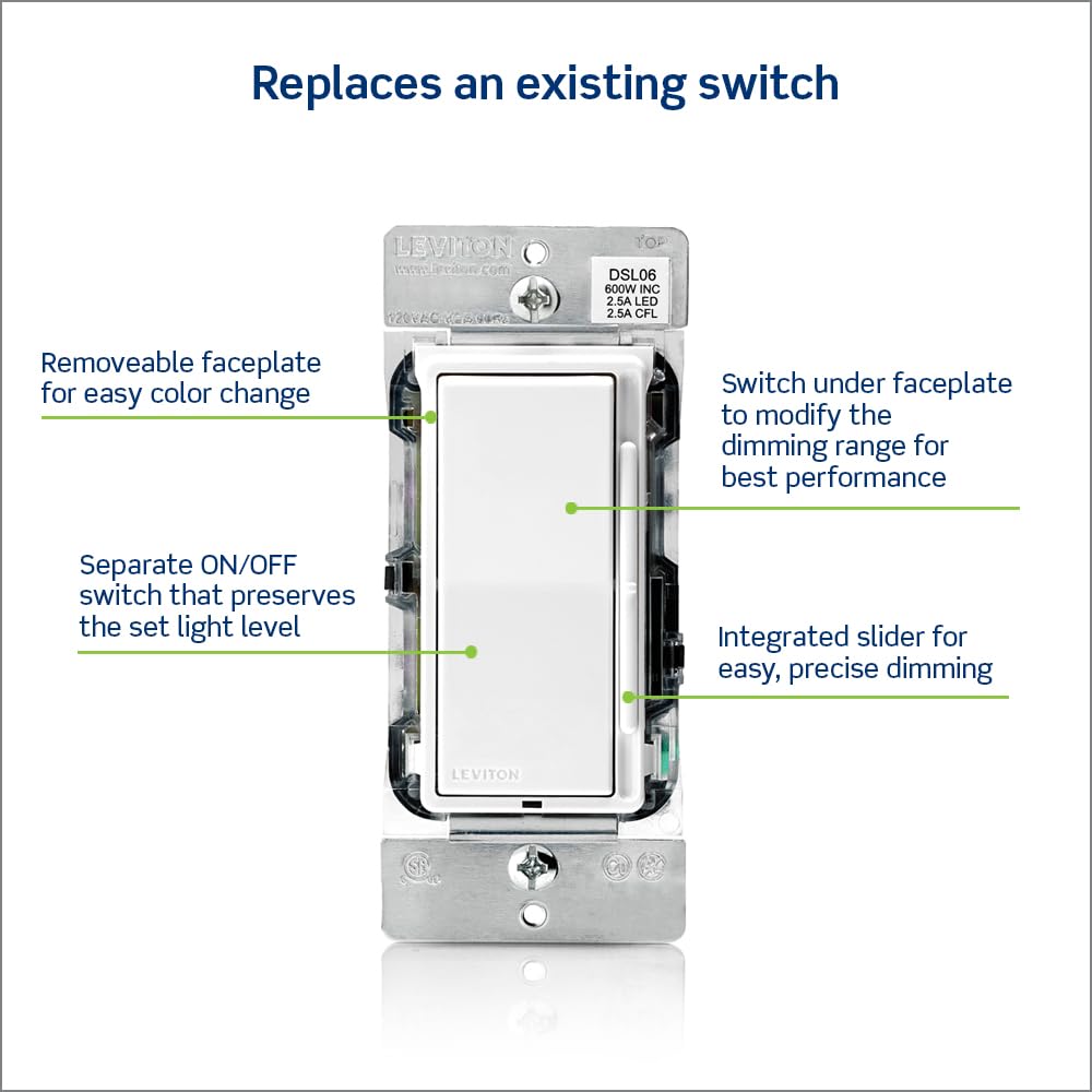 Leviton Decora Slide Dimmer Switch for Dimmable LED, Halogen and Incandescent Bulbs, DSL06-1LZ, White with Ivory and Light Almond Faceplates